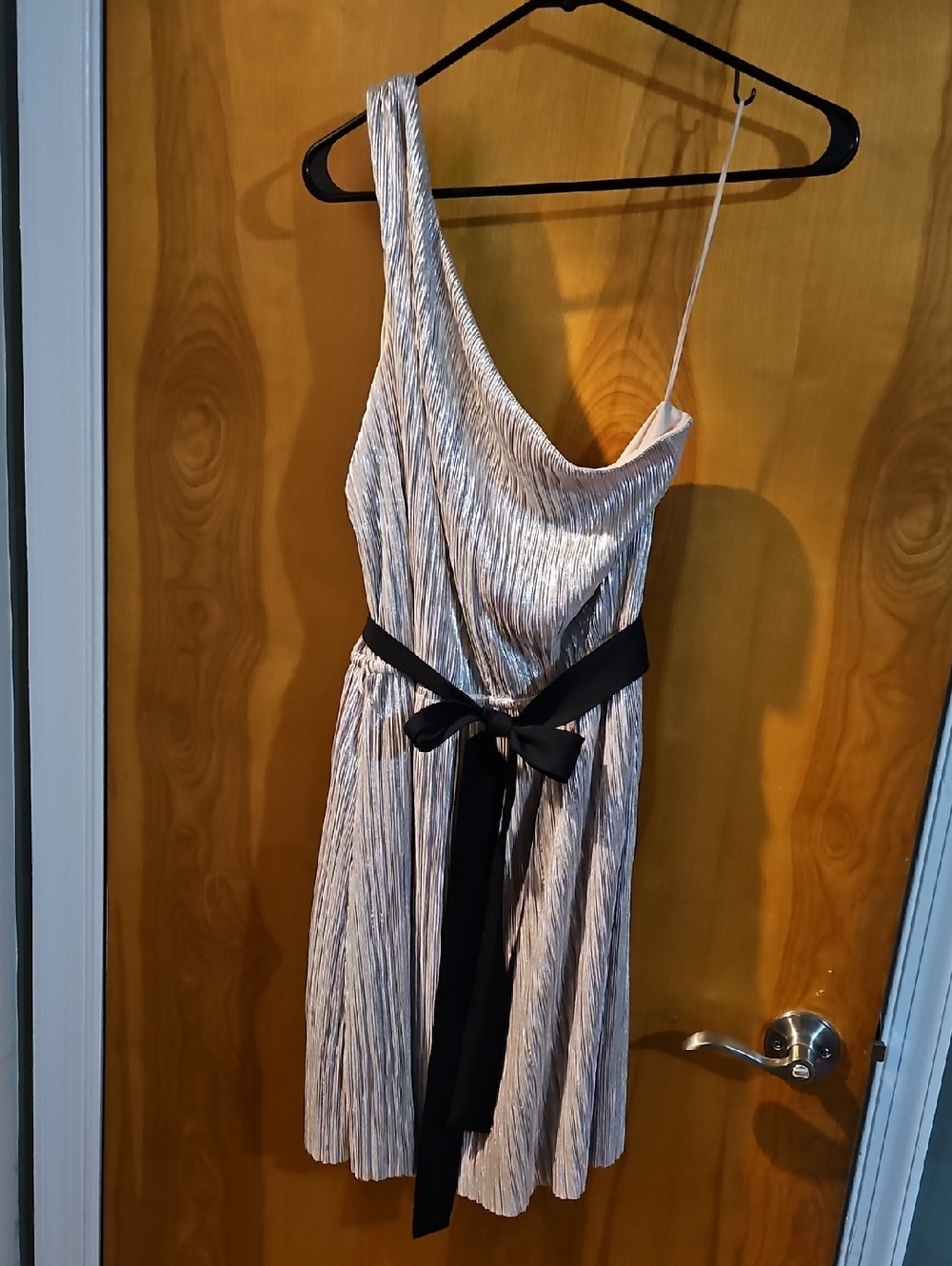 Express One-Shoulder Silver Dress with Black Waist Tie